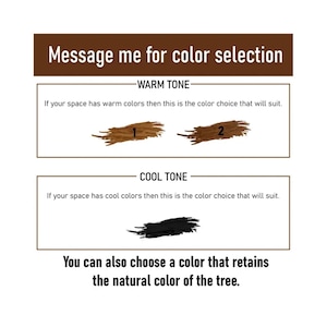 Puede incluir: Imagen con texto: "Message me for color selection." Muestra opciones de color: tonos c&aacute;lidos con tonos marrones, tonos fr&iacute;os con negro y la opci&oacute;n de conservar el color natural del &aacute;rbol.