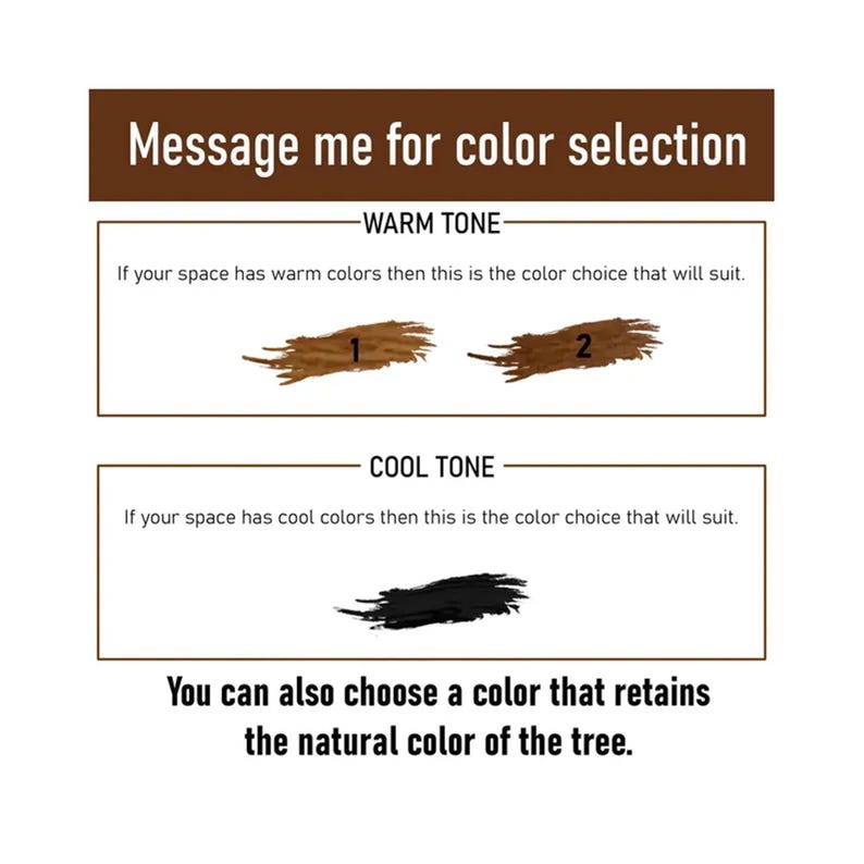 Puede incluir: Imagen con texto: "Message me for color selection." Muestra opciones de color: tonos c&aacute;lidos con tonos marrones, tonos fr&iacute;os con negro y la opci&oacute;n de conservar el color natural del &aacute;rbol.