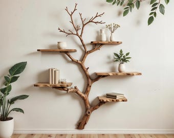 Tree book shelf art natural driftwood branch bookshelf solid wood bookcase floating shelves wall mount bookshelf decor