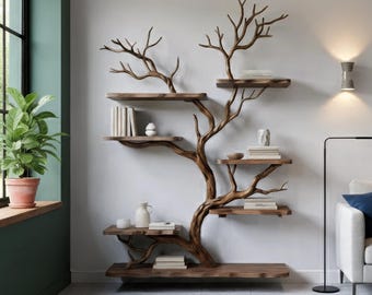 Tree branch bookshelf driftwood live edge floating shelves on wall art home decor