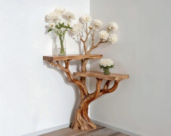 Mesa consola flotante de esquina con ramas de árbol y madera flotante, mesa de entrada, soporte para plantas de madera maciza, muebles rústicos hechos a mano