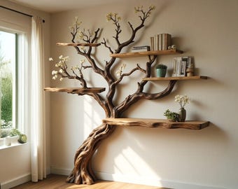Flower tree branch bookshelf driftwoood tree shelf wall mount live edge shelving bookcase art decoration