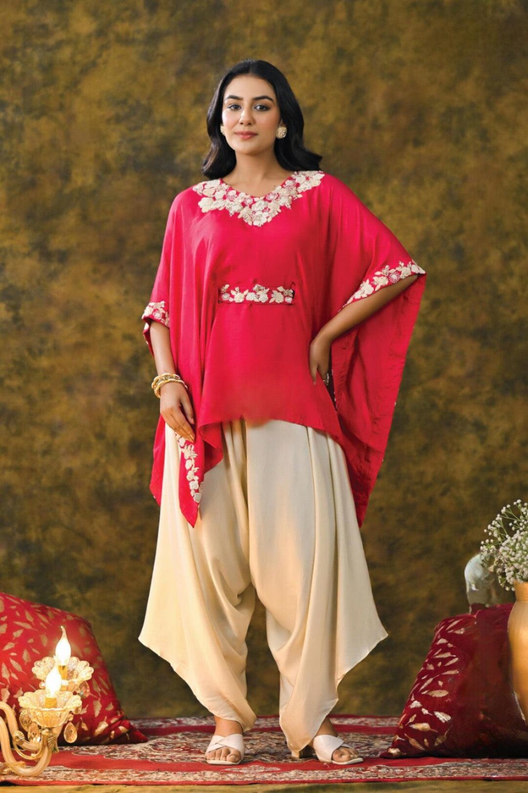 Pink Velvet Embroidered Kaftan Kurta with Dhoti Pant Set