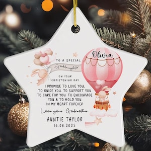 Personalised Promise to Godchild Christening Baptism Gift Baby Goddaughter Girl Teddy Bear Balloon Ceramic or acrylic Ornament Keepsake