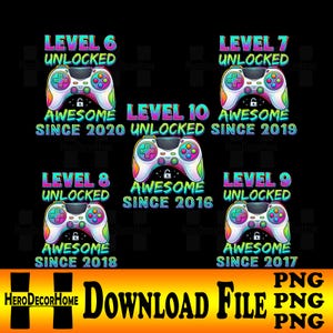 May include: A digital graphic featuring five colourful video game controllers arranged in a pattern. Each controller is paired with text stating Level Unlocked and Awesome Since followed by years ranging from 2016 to 2020 on a black background.