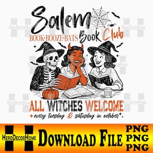 Witchy Book Club PNG, Spooky Girl Reading Png, Book Lover Halloween Design, Witches Salem Png, Salem, Massachusetts Halloween Design.
