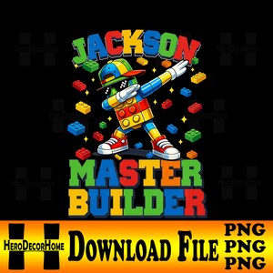 Puede incluir: Un gráfico colorido sobre un fondo negro presenta una figura estilo Lego haciendo un dab. El texto "JACKSON" está encima de la figura, y "MASTER BUILDER" debajo. Las palabras "DOWNLOAD FILE" y "PNG" están en la parte inferior.