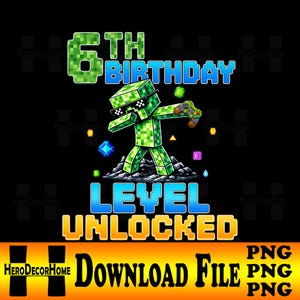 Könnte beinhalten: Digitalgrafik auf schwarzem Hintergrund mit einem pixeligen grünen Charakter mit Sonnenbrille und Gamecontroller. Der Text lautet "6th Birthday" und "Level Unlocked" in Blau und Gelb. Die Worte "Download File" sind ebenfalls vorhanden.