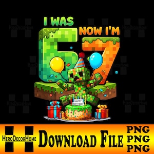 May include: A colorful birthday graphic with the text "I WAS 6, NOW I'M 7". It features a pixelated character, balloons, a cake, and presents. The design is on a black background.