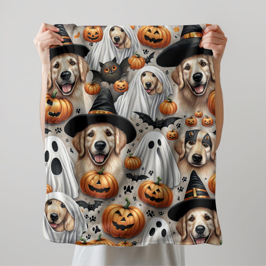 Golden Retriever Halloween Blanket, Cute Dog Ghosts, Witch Hats ...