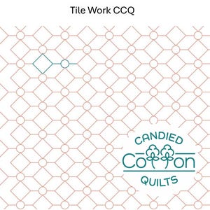 May include: A geometric pattern of overlapping circles and diamonds in brown and teal. The pattern is repeated throughout the image. The text "CANDIED COTTON QUILTS" is in teal and white.