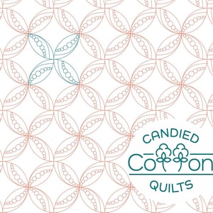 May include: A white background features a repeating pattern of interconnected, stylized floral shapes in a soft peach color. One set of four shapes is teal. The text "CANDIED Cotton QUILTS" is in teal.