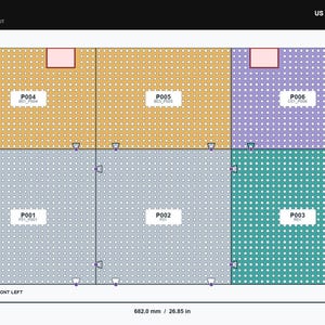 May include: A custom drawer tool grid layout for a US General 4 drawer top, measuring 682.0 mm or 26.85 inches wide by 400.0 mm or 15.75 inches deep. The grid features six color-coded sections labeled P001 through P006 with pegboard holes.