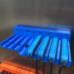 Op de afbeelding: Een blauwe gereedschapshouder met een set Torx-sleutels. De houder is gemarkeerd met de maten T10 tot en met T45. De sleutels hebben blauwe handvatten en zwarte punten. De houder is op een metalen oppervlak gemonteerd.