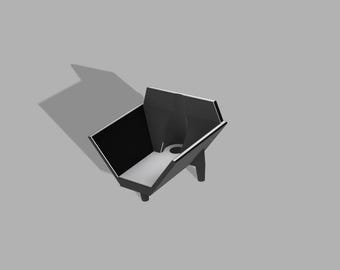 Puede incluir: Un soporte de metal negro con una base cuadrada y cuatro patas. El soporte tiene una abertura rectangular en el centro.