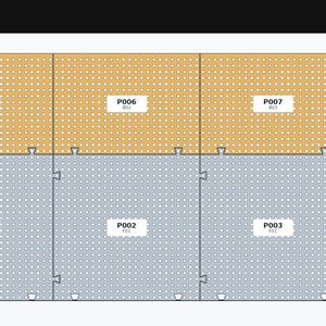 May include: A custom drawer tool grid layout by NH TOOLS featuring eight interlocking pegboard panels. The top row has three yellow panels labeled P005, P006, P007 and one purple panel P008. The bottom row has three gray panels P001, P002, P003 and one teal panel P004.