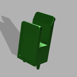 Puede incluir: Una silla en miniatura verde brillante con respaldo y asiento rectangulares. La silla tiene una base pequeña y rectangular y tres patas cortas. La silla está hecha de un material sólido y está diseñada con bordes redondeados.