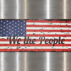 Puede incluir: Un letrero de pared rectangular con un diseño de bandera estadounidense desgastada y una textura perforada. La bandera muestra un campo azul con estrellas blancas y rayas rojas y blancas. El texto negro We the People está centrado.