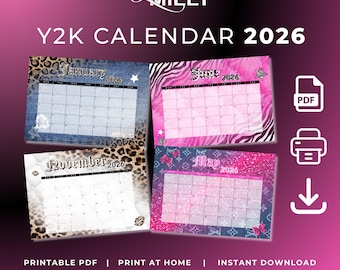 Y2K CALENDAR 2026 digital product download y2k style vintage 2000s monthly planner monday sunday A4 printable pdf