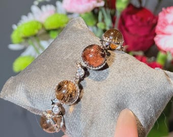 Goldenes Rutilquarz Armband | High Clarity Sunburst Kristallperlen | Sterling Silber | Einzelstück | 11.8–13 mm