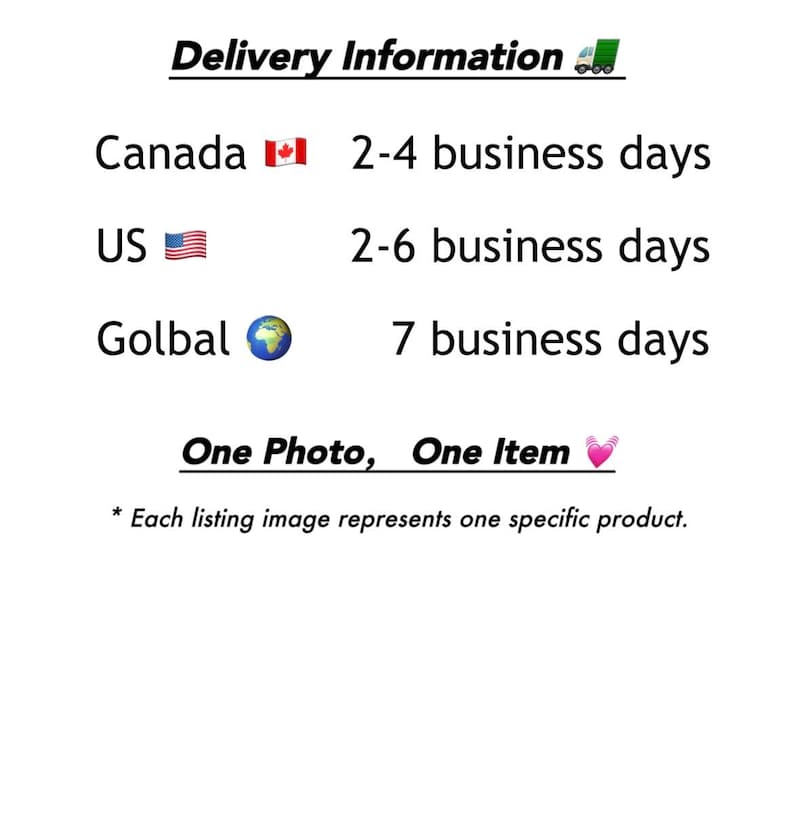 Puede incluir: Imagen con texto: "Informaci&oacute;n de entrega" y detalles de los plazos de entrega para Canad&aacute;, EE. UU. y Global. El texto tambi&eacute;n indica "Una foto, un art&iacute;culo" y aclara que cada imagen del listado representa un producto espec&iacute;fico.