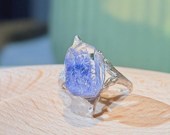 Anillo de dumortierita natural / Dumortierita azul con doble punta / Plata de ley 925 / Talla ajustable