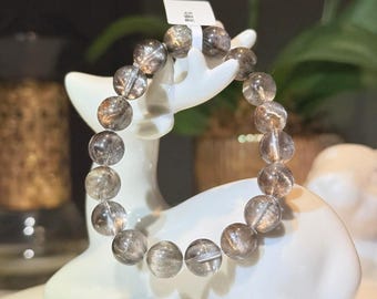 Black Silver Rutilated Quartz Bracelet 黑銀鈦水晶手串, 10.2mm+ Collector Grade Natural Crystal Jewelry 收藏級天然水晶