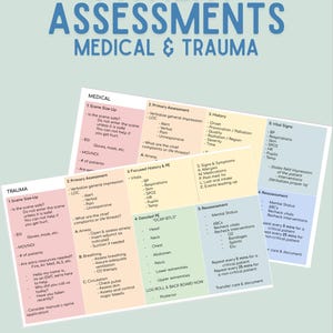 Puede incluir: Un gráfico colorido con el título "Evaluaciones de pacientes: Médico y trauma" que describe los pasos para evaluar a los pacientes en situaciones médicas y traumáticas. El gráfico está dividido en dos secciones, una para médico y otra para trauma, e incluye pasos para la evaluación de la escena, la evaluación primaria, la historia y el examen físico enfocados, el examen físico detallado, la reevaluación y los signos vitales.