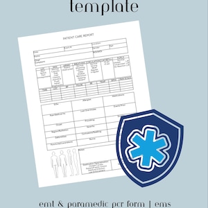 Puede incluir: Una plantilla de informe de atención al paciente con el título "patient care report template" en una fuente manuscrita. El informe incluye secciones para información del paciente, signos vitales e historial médico. Un emblema médico azul y blanco está en la esquina inferior derecha.