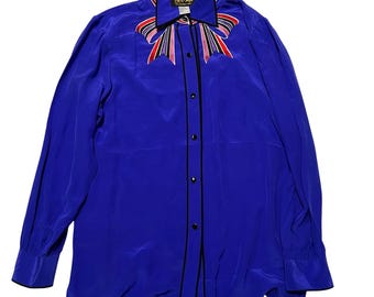 Prenda vintage de seda artística Bob Mackie, talla mediana, azul real bordado.