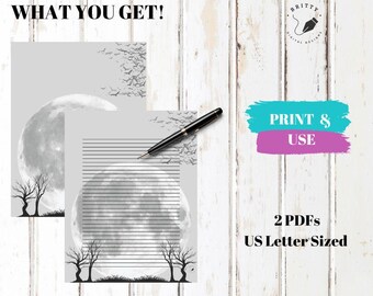 Juego de papelería con diseño de árbol lunar espeluznante, papel rayado y liso (descarga digital)