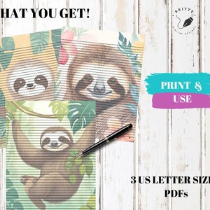 Sloth stationery, colorful sloths, lined writing paper, letter writing, cute sloth lined stationery, stationery kit, sloth stationery set