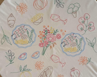 Hand Embroidered Linen Tablecloth, Mediterranean Food & Floral Motifs, Rustic Farmhouse Decor