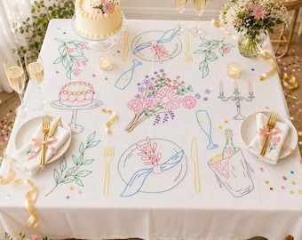 Embroidered Linen Tablecloth , Celebration Dinner, Wedding Party Decor, Square and Round Table 63x63 inches