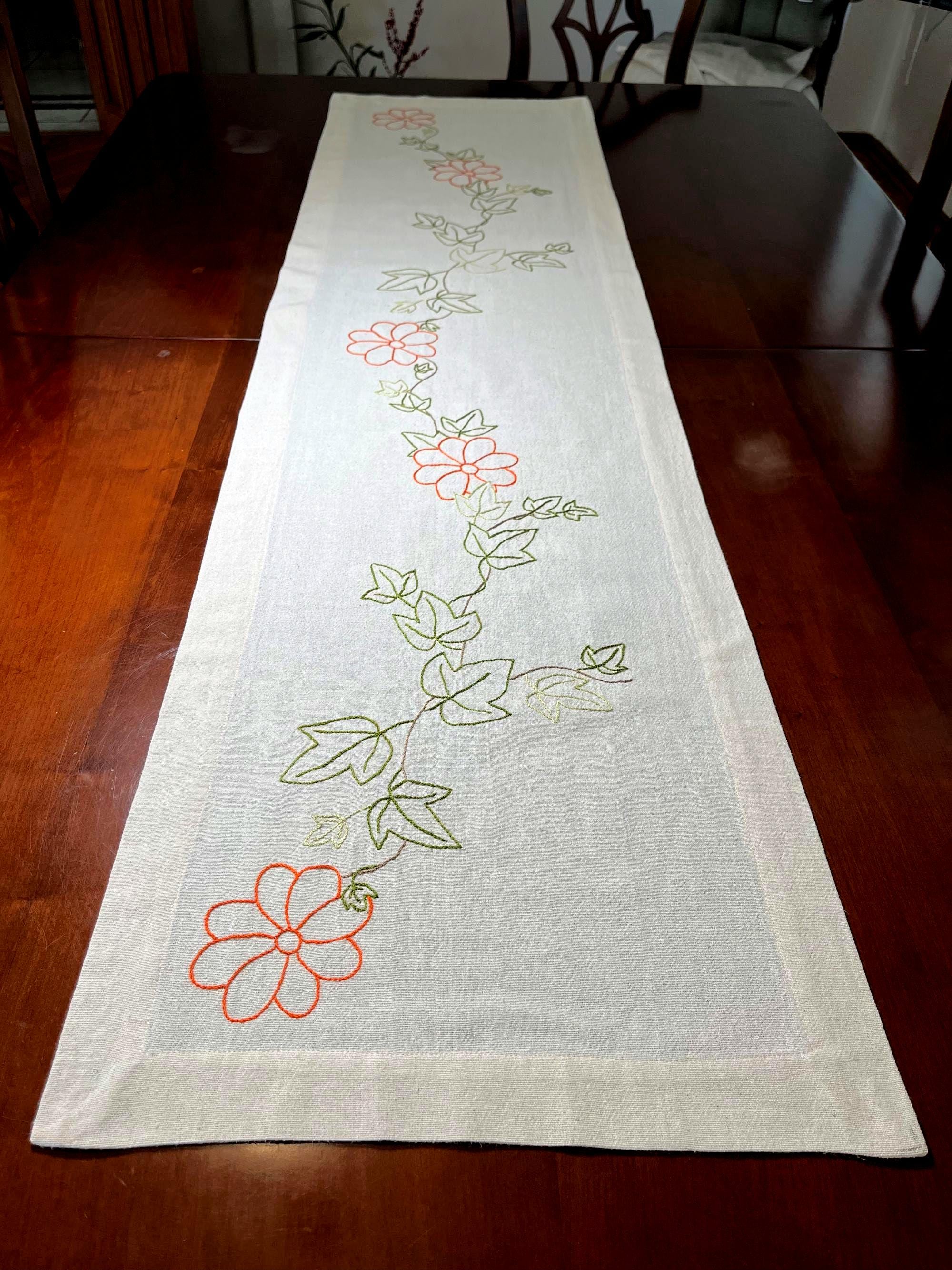 Handmade Embroidered Linen Table Runner: Floral Ivy Design - Etsy