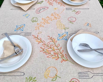 Hand-Embroidered Linen Tablecloth: Floral Fruits Vegetables Nature Dining Decor