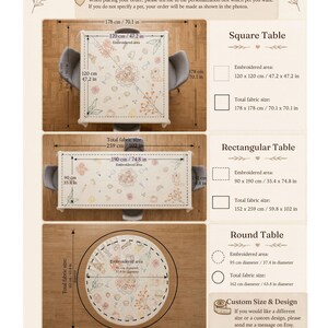 May include: A size guide for custom embroidered table linens. The guide shows square, rectangular, and round table options with embroidered area and total fabric size measurements in inches and centimeters. The text includes instructions for custom designs.