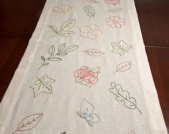 Hand-Embroidered Linen Table Runner, Floral Motif, Rustic Table Decor (17.7 x 65 inches)
