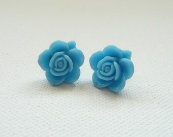 ns-Teal Resin Rose Stud Earrings | Etsy