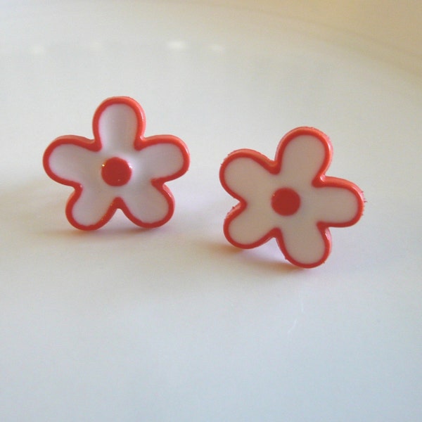 Coral and White Flower Stud Earrings