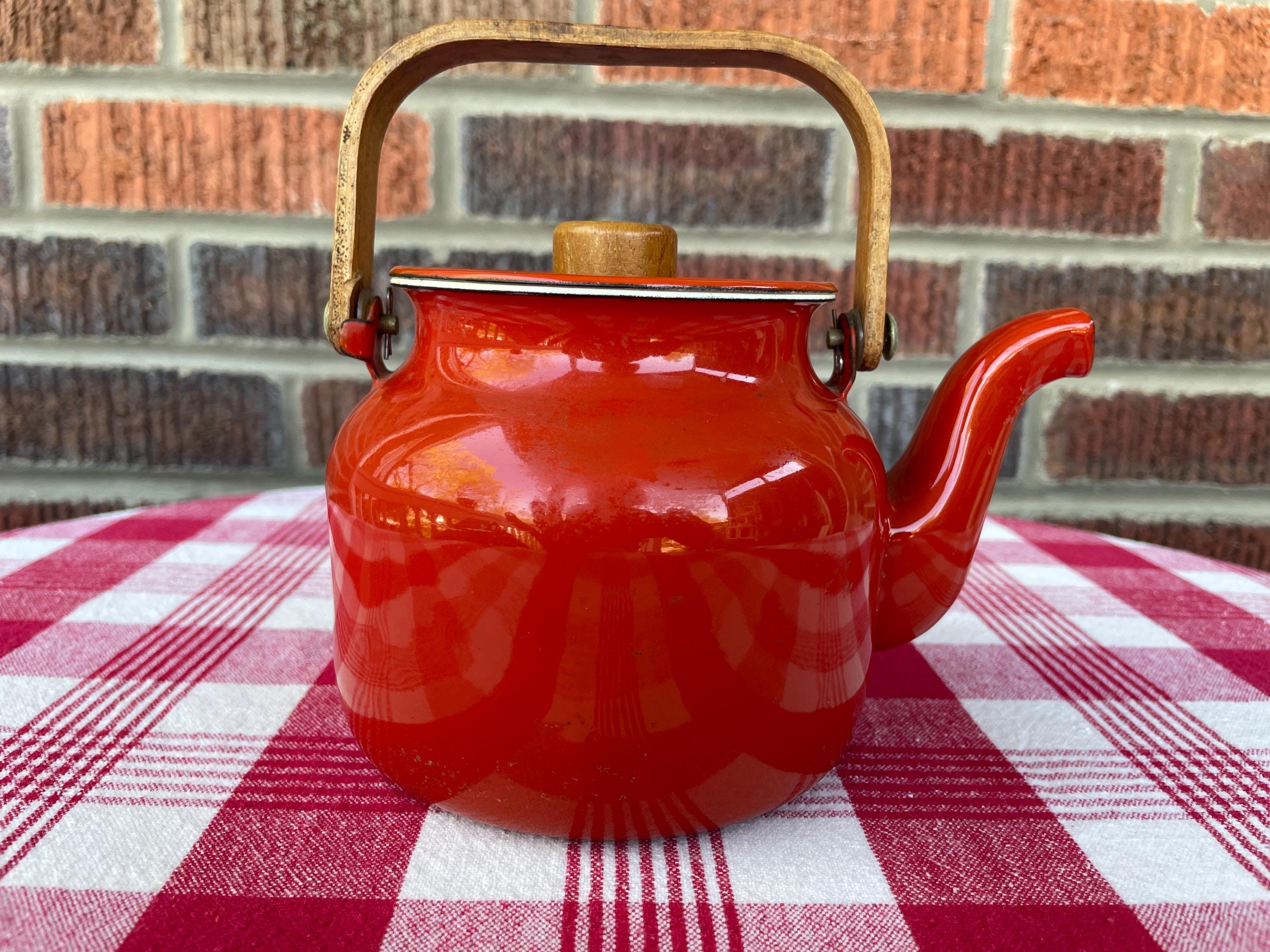 Red Enamelware Teapot, vintage