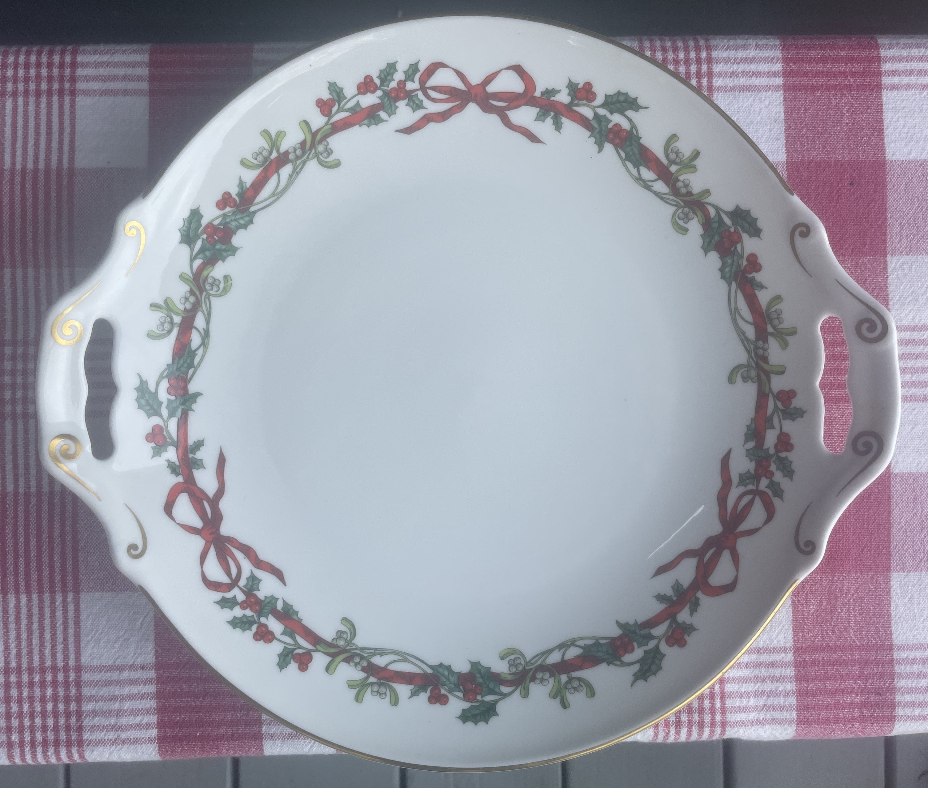 Holly Ribbons Royal Worcester Fine Bone China Handled Cake Plate
