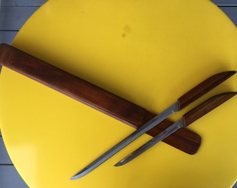 MCM Carving Knife Set by Robson Co. Shuredge Blade, Mid Century Wood Case.