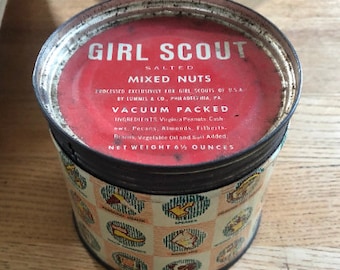 Vintage Girl Scout Mixed Nuts Tin, Merit Badge Collectible