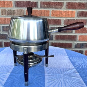 Vintage Mid Century Stainless Steel Fondue Pot with Wood Handles and Wood Legs