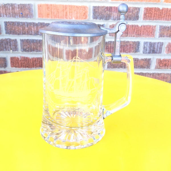 Glass Tankard with Hinged Pewter Lid, inscribed with sailing ship Grand Turk