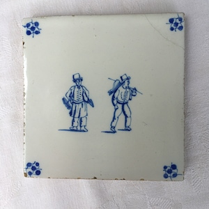Tile, Antique Delft Tile, Blue and White Tile, Two Men