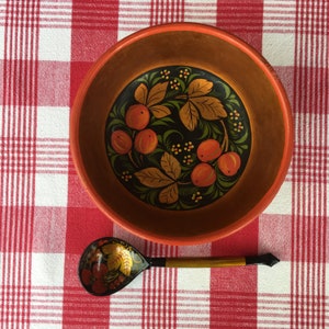 Russian Khokhloma Hand Painted Enamel Shallow Dish and Matching Spoon