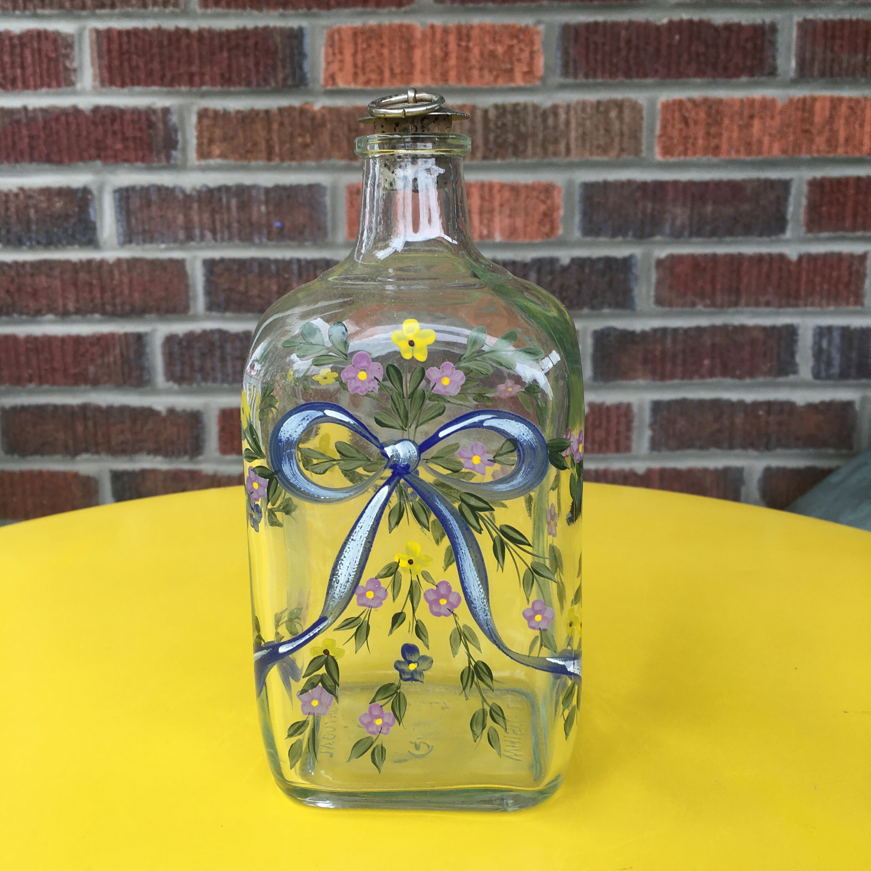 Hand Painted Glass Bottle with Cork and Silver Stopper, Portugal
