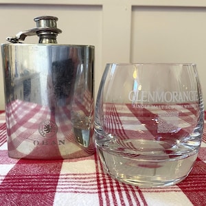 Scottish Piper Pewter Flask and Glenmorangie Rocks Glass